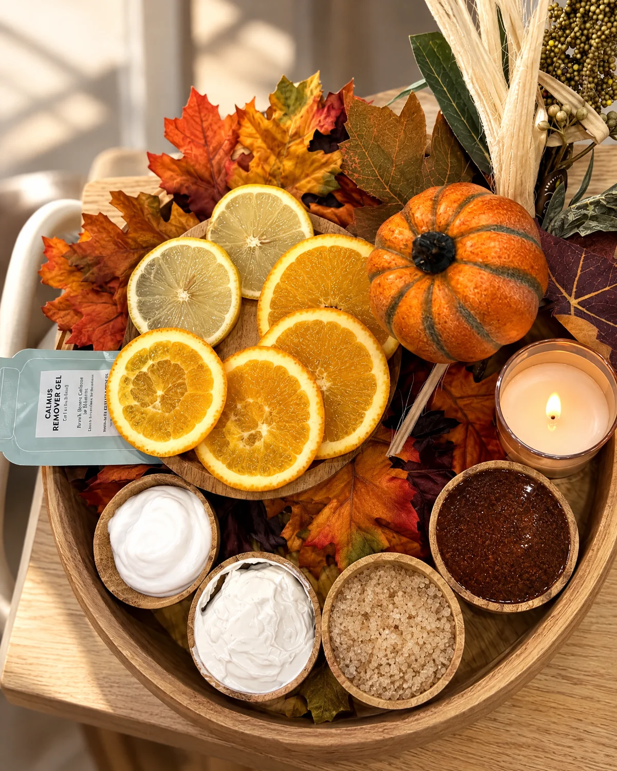 Pedicure tray with fresh citrus slices, callus remover gel, candle and wooden care bowls
